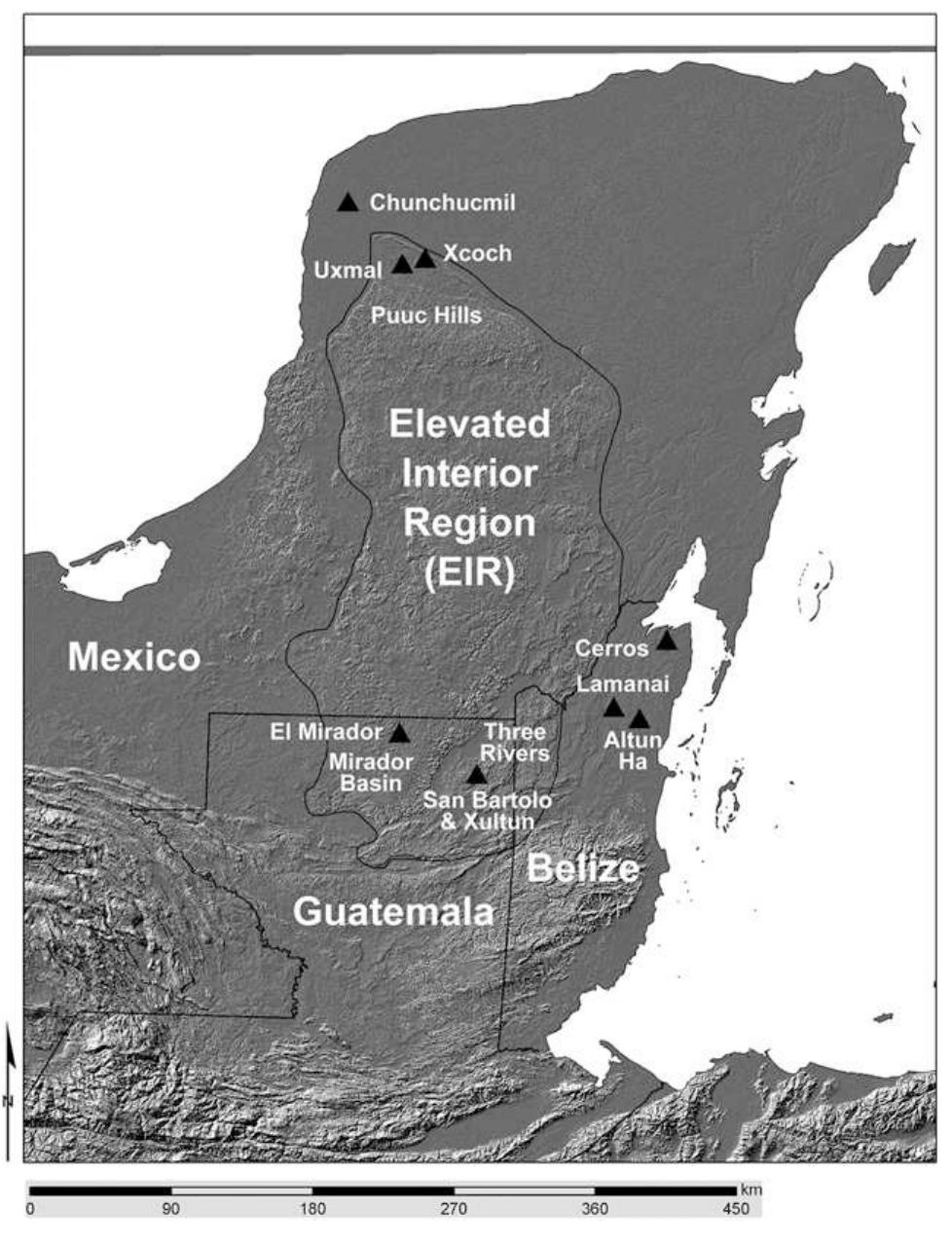 Fig. 1. Map of the Maya Lowlands highlighting the EIR and sites mentioned in the text. 