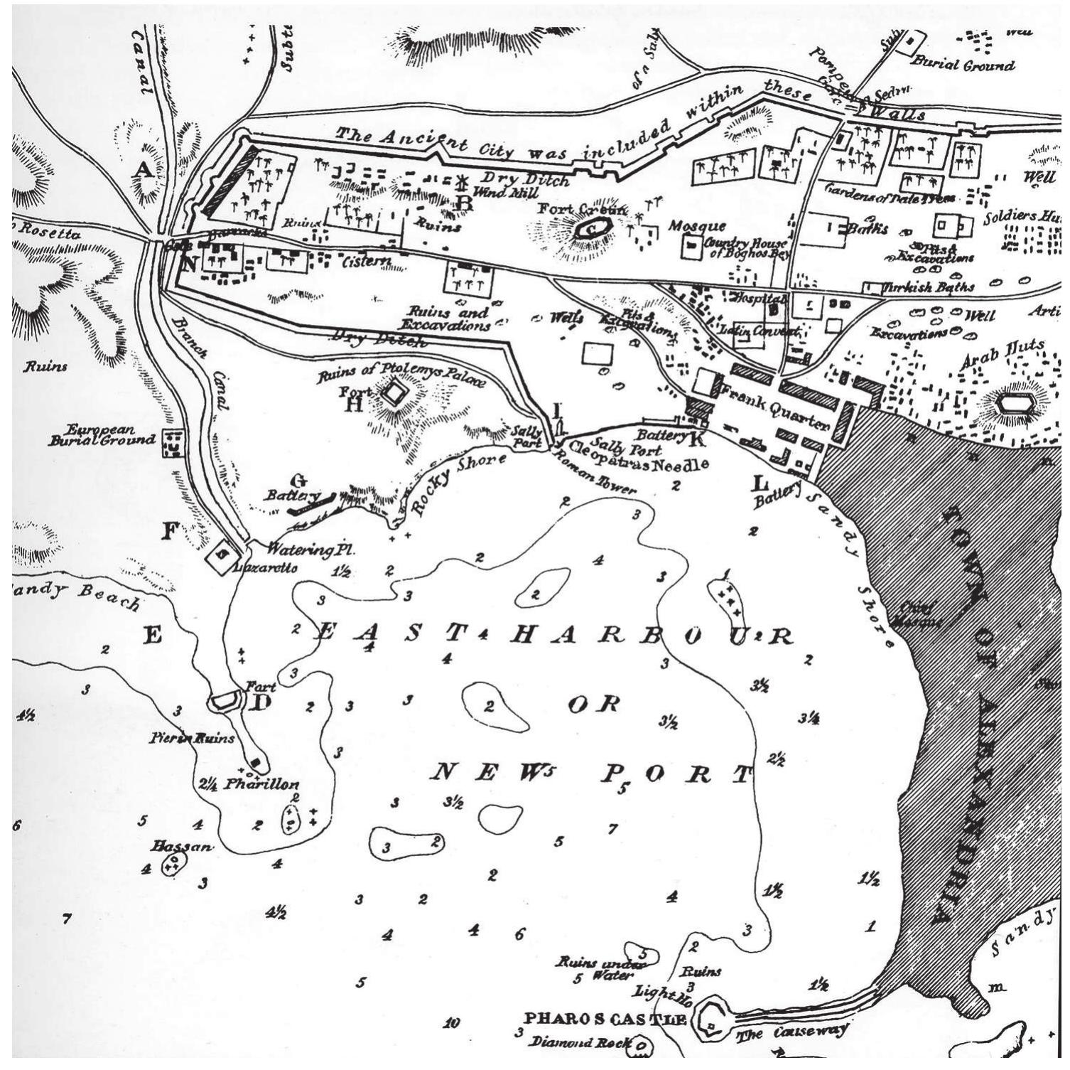 Figure 4. Fragment of a map of Alexandria and of East Harbour by E. Napier (1841). Note the “Causeway” leading from the mainland to the “Pharos castle” (bottom right corner) 