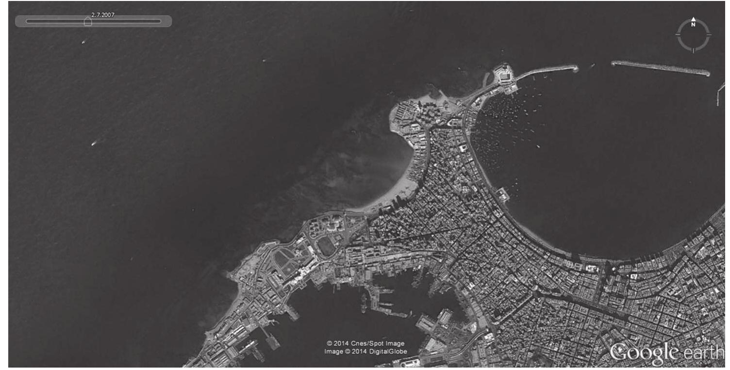 Figure 5. Space view of a fragment of the Alexandrian coast with a part of the East port, the Anfoushi region and the Fort Qait-Bey. © 2014 Cnes/Spot Image, Image © 2014 DigitalGlobe  Figure 5. Space view of a fragment of the Alexandrian coast with a part of the East port, 