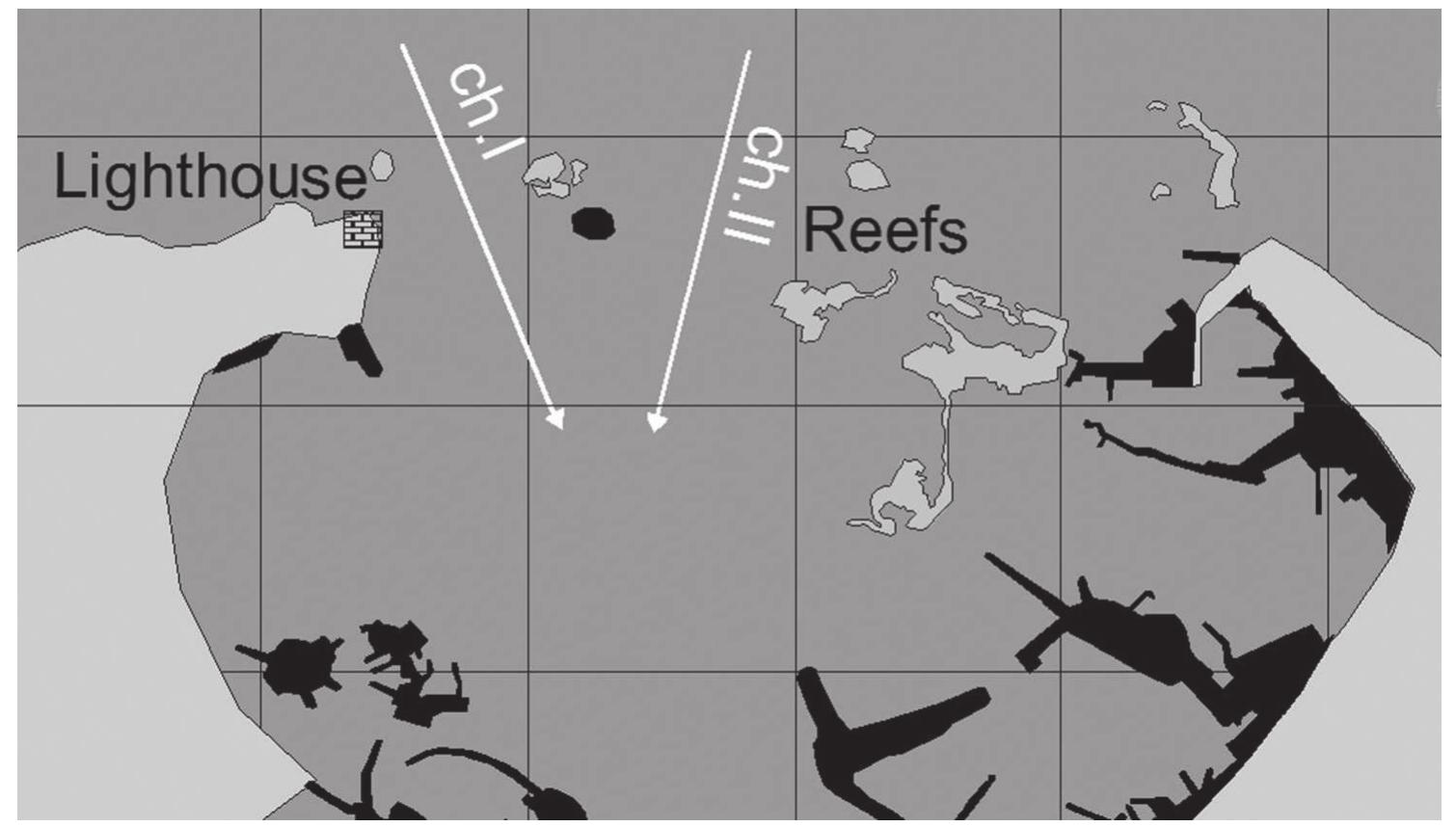 today **. The ancient breakwater of Cape Lochias probably did not exist in Stra-  p0’s time as he speaks only of a natural barrier; however, the breakwa  er iS men-  ‘tioned by Flavius Josephus.*° The narrowness of the entrance to the Great Harbor is documented by Caesar, Strabo and Flavius Josephus. All these authors speak  only of one entry channel leading to the Great Harbor (Caes. Bel. civ 3.1  2; Strabo  Geogr. 17.1.6; los. ant. Iud. 4.612—615). According to Pliny the Elder (23-79 ap),  there were three main passages to the port of Alexandria — Steganus, and Taurus (Plin. Nat. hist. 5, 34.128). However, it is necessary to no  Posideum  e that we  do not know whether Pliny meant the passes to the Great Harbor only or to both major ports of Alexandria divided by Heptastadium *’. Nevertheless, it seems that there were at least two major channels leading to the Great Harbor (Figure 7).  Figure 7. Hypothetic position of the channels leading to the Great Harbour in Antiquity 