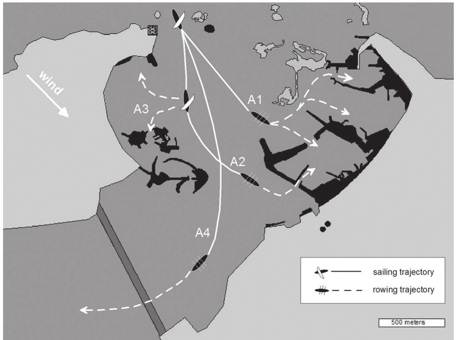 Figure 10. Hypothetic courses of preference for the ships calling to the harbours of Megas Limen and to the port of Eunostos  row channels among the reefs that were not easy to pass (Strabo Geogr. 17.1.6) *. In Roman times, there were shallows in the port’s basin (Caes. b. Al. 14). Under certain conditions like bad visibility or high swell, it might have been safer to enter the inner roads of the Great Harbor first and to pass to the port of Eunos- tos through the passages in the Heptastadium. In any case, the goods that were destined for shipping to the inner parts of the country must have been constantly channeled from Portus Magnus to the Port of Eunostos, which was connected to  Lake Mareotis and the Nile. 
