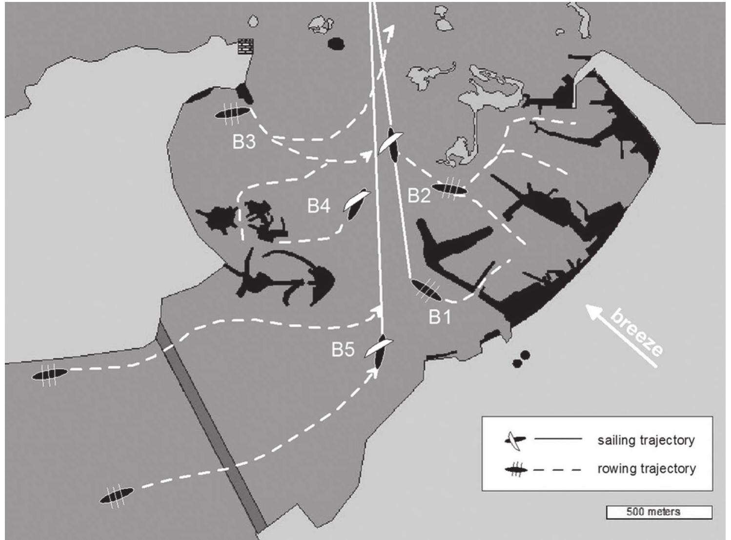Figure 11. Possible courses of ships leaving the Great Harbour with the coastal breeze 