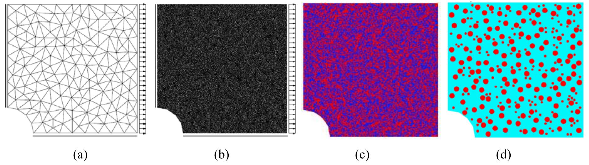 Figure 3: Elastic heterogeneous specimen with a hole. (a) Coarse mesh, (b) fine mesh, (c) randomly distributed heterogenities (d) randomly distributed fibres.  displacement (DISP). Furthermore, this is compared with the overlapping additive Schwarz preconditioner (ASM). 
