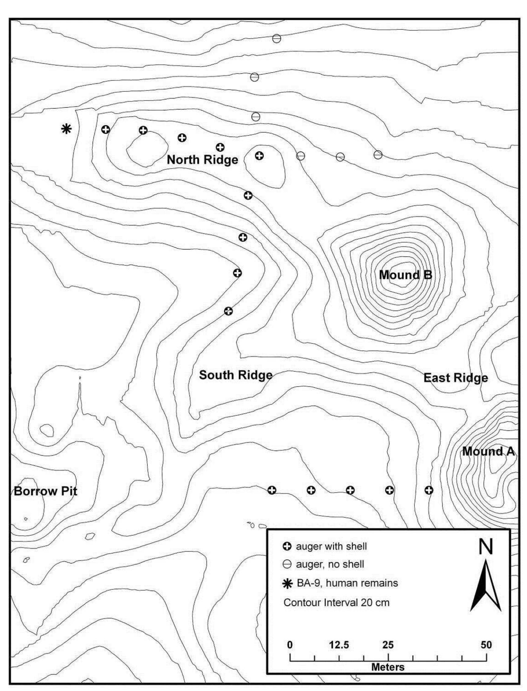 -10. location of augers on north ridge and west of mound a,