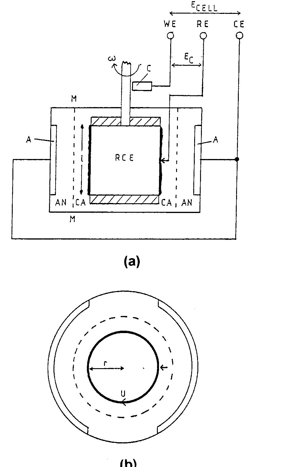 Fig. 8. Principles of electrical control and measurement in a RCE reactor: (a) sectional view and (b) plan view. Key: (A) anode, (C) brush contact to cathode, (WE) working electrode, (CE) counter electrode, (RE) reference electrode, (M) membrane cell divider, (CA) catholyte, (AN) anolyte, (1) active length of RCE, (U) pe- ripheral velocity, (@) rotational velocity, (P) insulating end caps, (RE) probe, (E,) cathode potential, (E.e) cell voltage. 