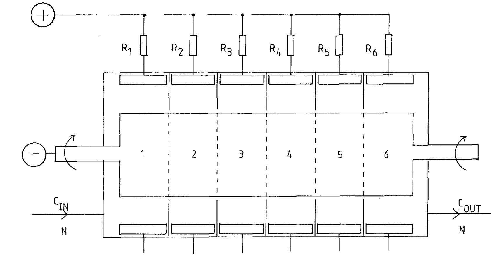 Fig. 10. Six element Cascade Eco-Cell shown without dividing membrane and with external resistive distribution of current.  many commercial reactors available on the marke for metal recovery, and several approaches have been employed. Kuhn and Houghton [107] have used the limiting current density in 0.1 mol dm~? solutions for a two-electron reaction to make a simple scientific comparison. The mass transfer coefficient Ky, = iz,/zFC is a more universal concept. 