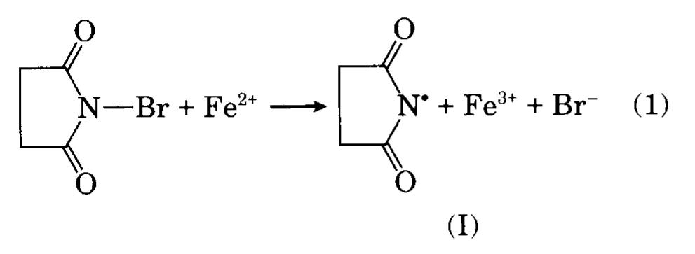 The NBS characterizes by a planar structure, an almost nonpolar N—Br bond. Therefore, it can react easily with Fe?* ions by an oxidation-reduc- tion-decomposition reaction to form N-succinimidyl radicals (I) and ferric and bromide ions: 