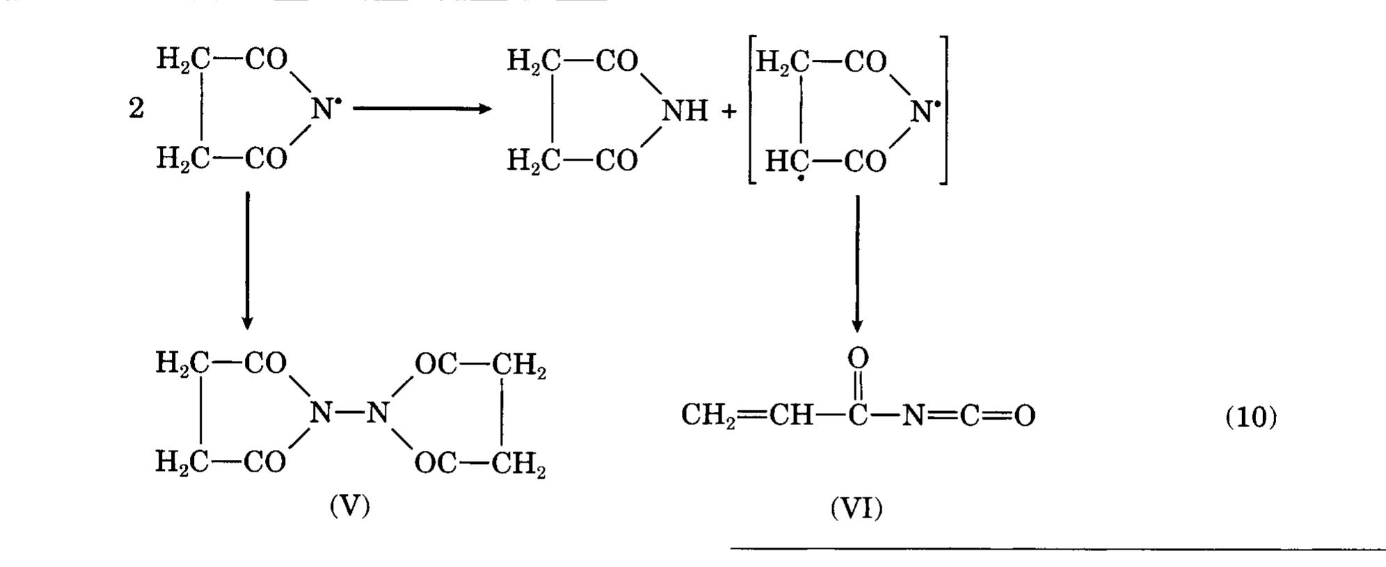 The behaviour of the polymer criteria within the concentration range 1 X 10°4-1 X 107? mol/L could be interpreted in terms of the oxidation-reduction- decomposition reaction. The latter is greatly accel- erated as FAS concentration increases up to 1 X 10°? mol/L, with the formation of abundant amounts of N-succinimidyl radicals and Fe** ions (1). As already mentioned, the N-succinimidy] rad- icals are responsible for generating of cellulose ma- croradicals as well as monomer radicals. Moreover, the Fe** ion, depending on its concentration in the grafting medium, may act as an initiator as well as a terminator.!* Stated in other words, the Fe** ion, in a certain range of its lower concentration, is con- sidered to coordinate to the oxygen of the carbonyl group of MMA to form a complex.””-”” This complex may produce a primary radical capable to initiate the polymerization reactions.”**4 The synergistic ef- fects of both N-succinimidy] radicals and Fe** ions for initiating grafting and homopolymerization re-  actions of MMA may account for the increments in the yields of GY, HP, and TC.  In addition to the disproportionation reaction (10), the N-succinimidyl radicals may participate in the termination reaction of the growing chains. Consumption of N-succinimidy] radicals in such a  reaction is, of course, responsible for the decrements  in the GY, TC, and HP when the highest NBS con- centration (2 X 10~? mol/L) was used.  The increments in the GY, HP, and TC as the NBS concentration increases up to 1 X 107? mol/L could be associated with the successive generation of the N-succinimidy! radicals (Scheme 1) and, in turn, the cellulose macroradicals capable of initiating grafting reaction (Schemes 2-4). Number of these  active species reaches a maximum with 1 X 10° mol/L of NBS. Nevertheless, above this concentra- tion, the grafting solution would be repleted greatly by the N-succinimidyl radicals. Thereupon, they tend to interact with each other to produce not the coupling products, bis-N-succinimidy! (V), but in- stead, other stable products, possibly succinimide and acry! isocyanate (VI) (10)!*"": 
