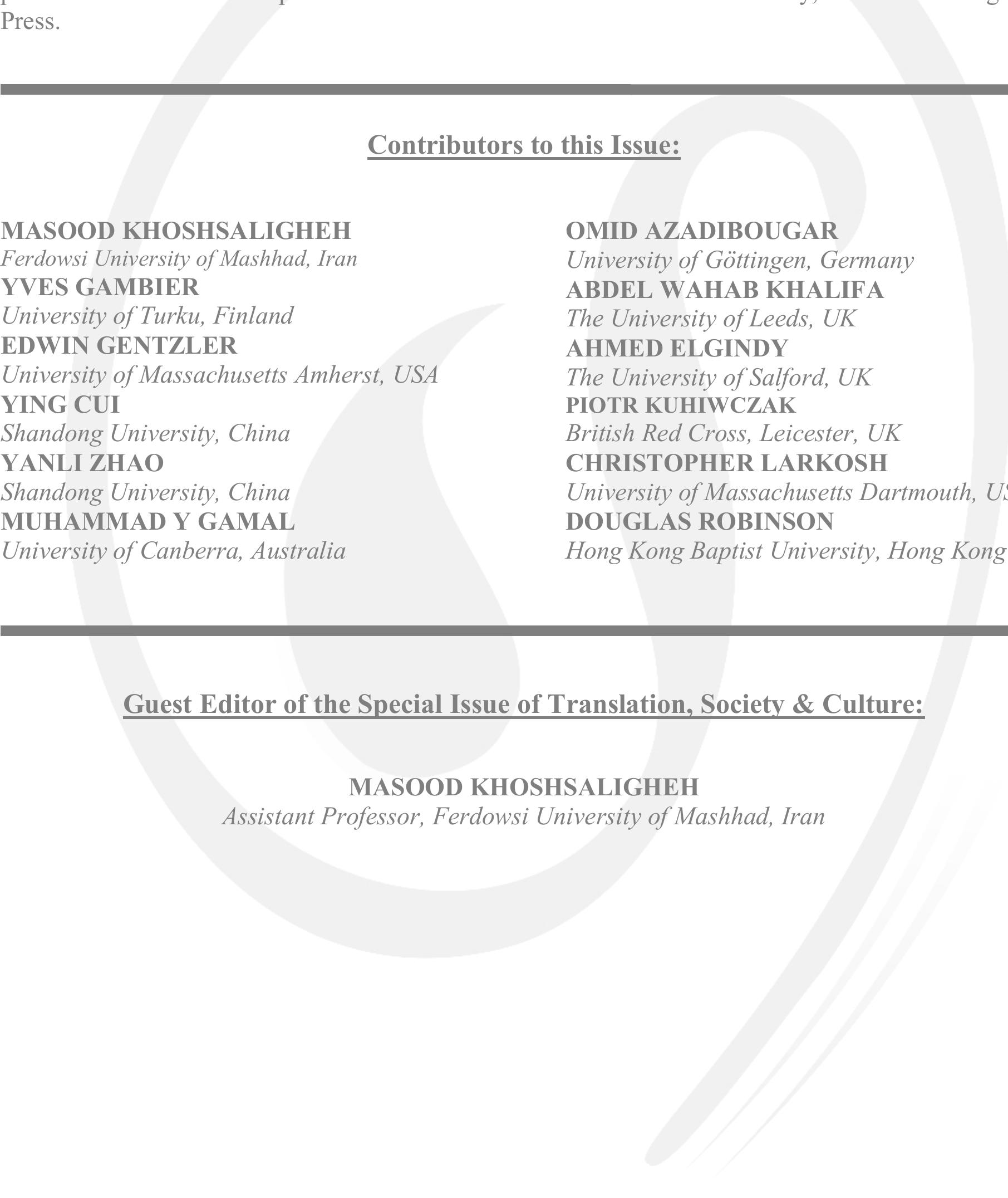 PDF) Special Issue on Translation, Society & Culture