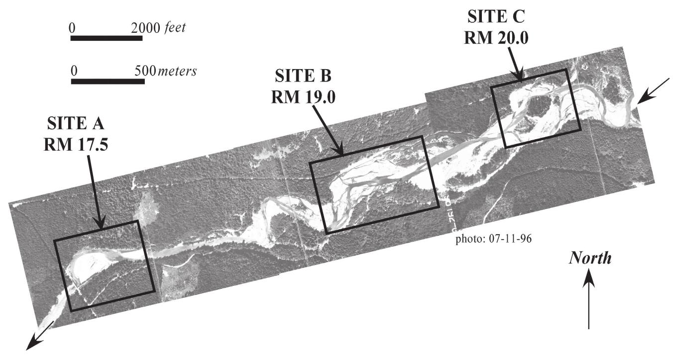 Cispus river sitesa, b, and c. river flows from right to