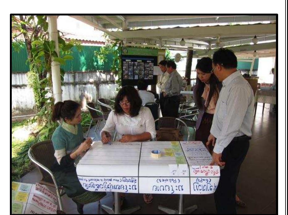 Image 4: BPIG research team members and experts matching gaps with relevant policies.  Photos from the hydropower policy workshop in Vientiane, January 30, 2013. 