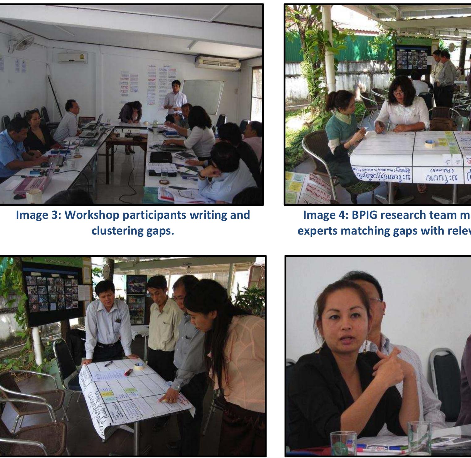 Image 5: BPIG team members and expert: discussing details of gaps and policies.  Image 6: Hydropower expert Amphavan Sisouvanh making a point in discussion. 