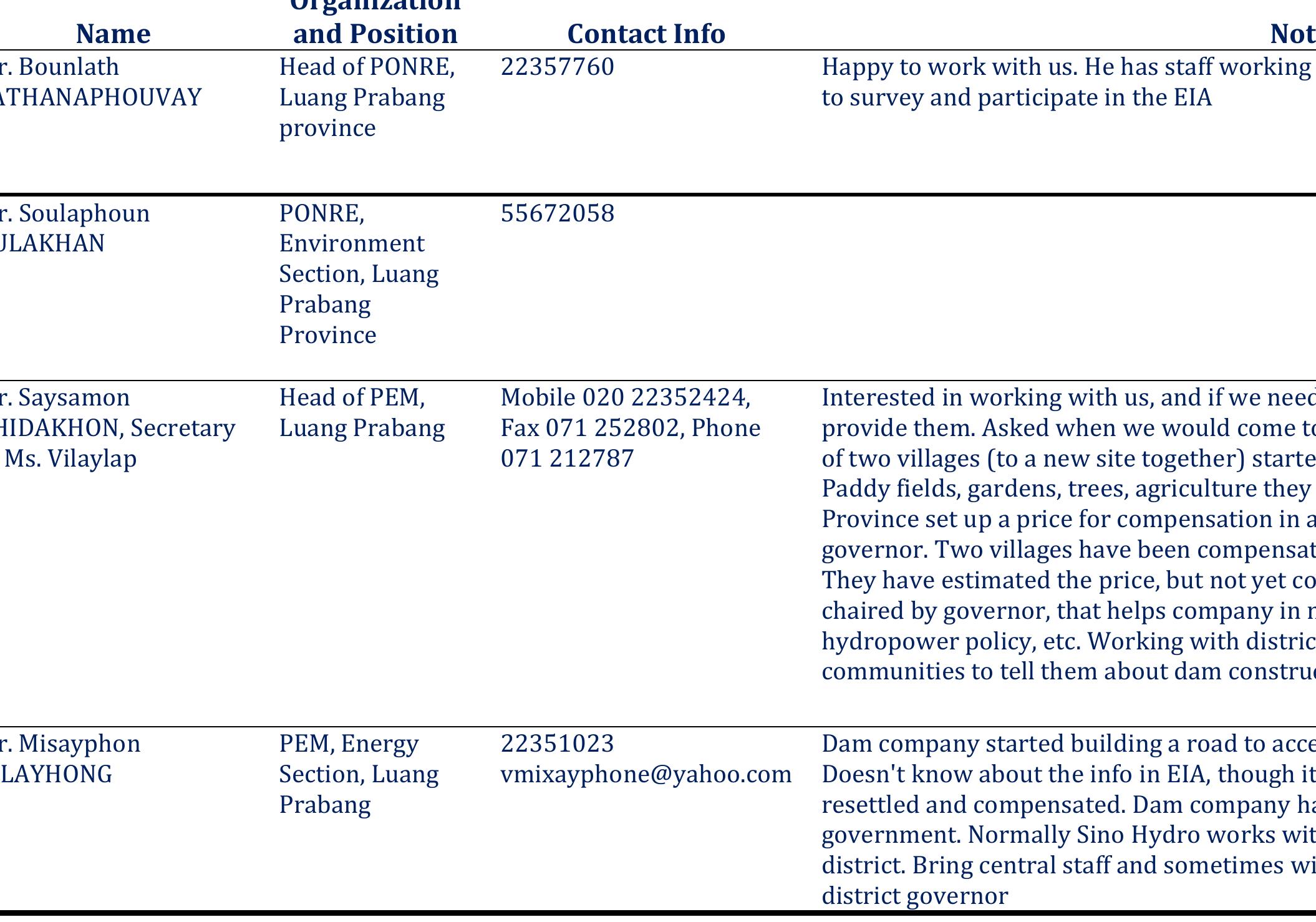 Contacts at Project Site 