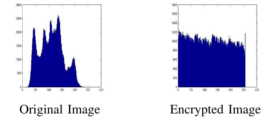 Histograms of original and encrypted lena images 1)