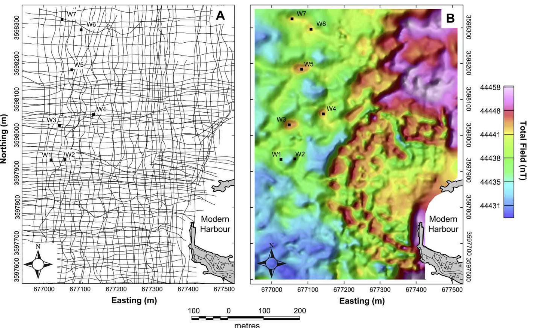 Fig. 2. A. Geophysical survey track lines (nominal line spacing 10-20 m). The along track (inline) interval between magnetic measurements was 0.25-1 m. B. Colour-shaded mar showing magnetic total field intensity (nanoteslas, nT) and locations of excavated trenches (W1-W7). 