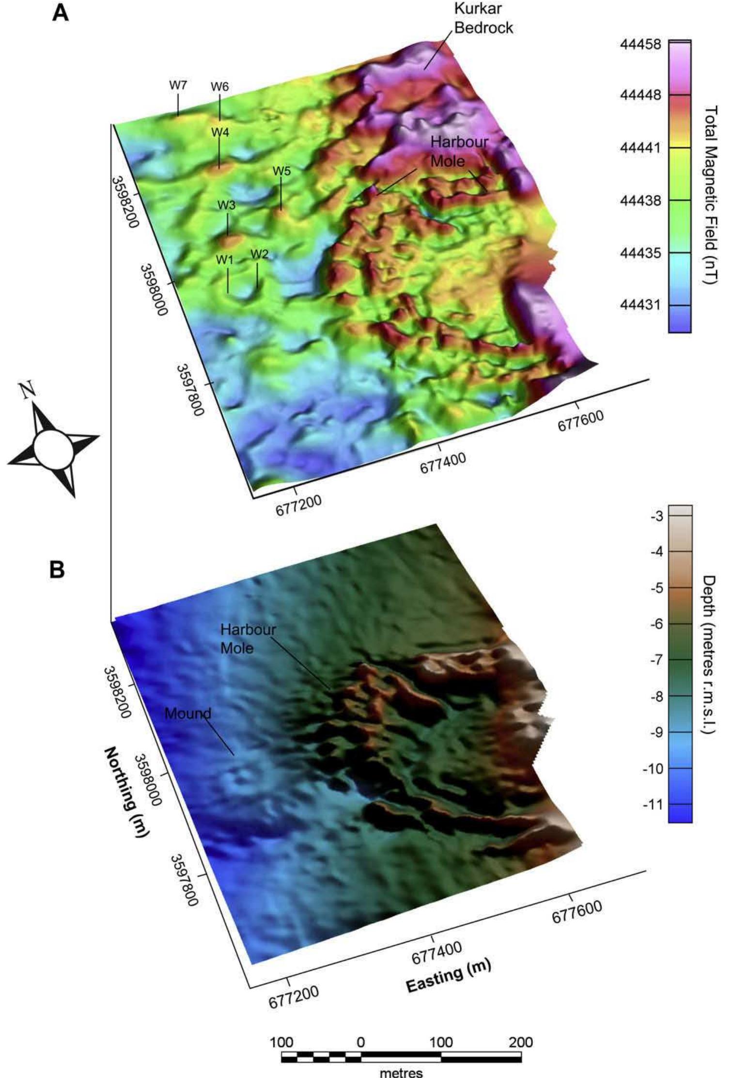Fig. 3. Colour-shaded surfaces showing: A. Magnetic total field intensity (nT). B. Bathymetry (depth in metres relative to mean sea level). Note low-relief circular mound 100 m to west of submerged harbour mole and corresponding ring-like magnetic anomaly. 