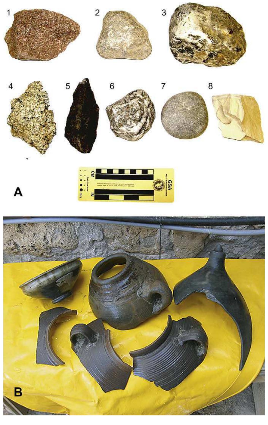 Fig. 8. A. Collection of small ballast stones from locations W3 and W4, showing range of lithologic materials. Lithologies and magnetic susceptibility values are given in Table 1. Ballast material sizes range from pebbles to boulders up to 0.5m diameter. B. Byzantine amphora and jar fragments and bowl recovered from ballast rubble layer at location W7. 