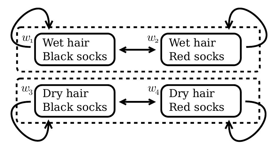 Figure 3.1.2: The indistinguishability relation is drawn with arrows. There are the two infor- mation cells: {w1,w2} and {w3,w4}. In wy, the agent knows ‘Wet hair’, but does not know ‘Black socks’ or ‘Red socks’. 