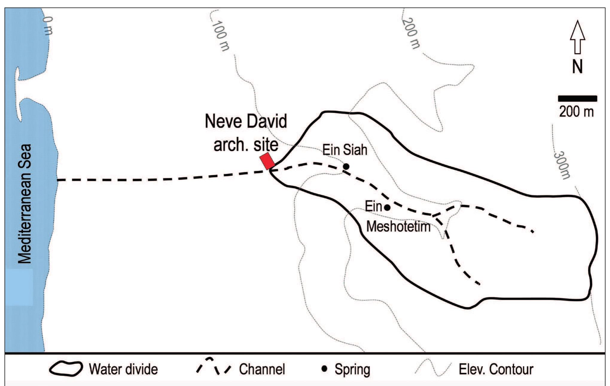 Figure 4. The location of the Neve David archeological site in relation to the Nahal Siah drainage basin, channel and springs.  It became apparent from the start that the talus just east of Kaufman’s trench was covered by a thick (2—3 m) accumulation of modern construction debris, including gravels, sand, plastics, etc. This material is absent in the field photos of the previous excavations and therefore it must have been dumped later, during the last 25 years. We removed the debris that accumulated just to the east of Kaufman’s trench by a back-hoe, clearing an area of ca. 60 m’, and cut a narrow probe southeast of that area (Trench V). In the cleared area we opened a 2x1 m probe (squares M19 and N19) and excavated it in 10 cm thick baskets (Figs. 1, 5). Additionally we used the back-hoe to  baskets (Figs. 1, 5). Additionally we used the back-hoe to  Five sampling locales were selected for sedimentological 