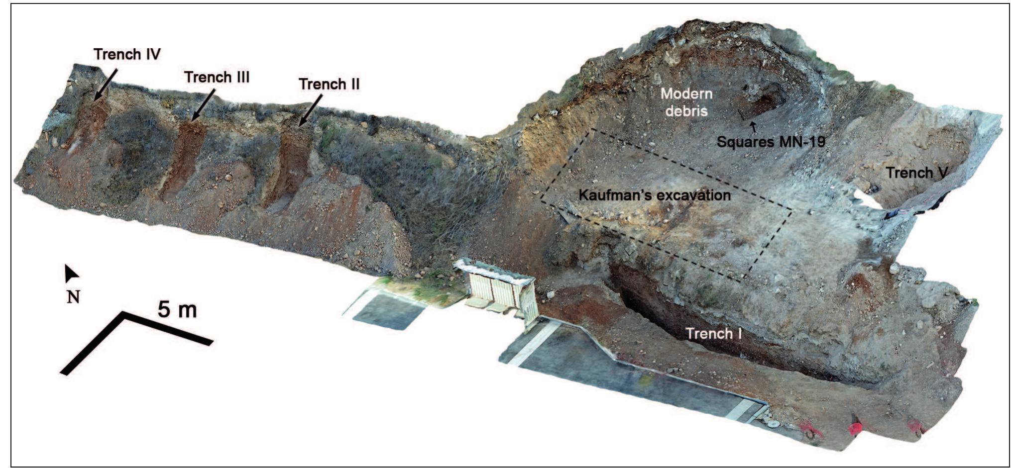 Figure 5. The site in 2014, and the location of excavation areas. Figure created by photogrammetry.  The back-hoe trench is 16 m long in a southeast-northwest orientation. Its southwest face is completely disturbed by  the cleared surface (dipping to the southwest), yielding  orientation. Its southwest face is completely disturbed by 