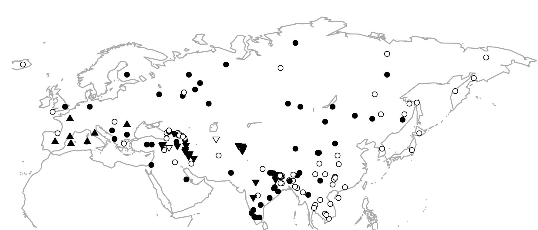 Map 1: Differential object marking by cases or adpositions in Eurasia. Filled symbols signal the presence of categorically conditioned P 4 {S,A} marking somewhere in the language; empty symbols its absence. An upward triangle (A) represents Romance, a downward triangle (v7) Indo-Iranian. Projection: Gall. Data source: Bickel et al. (2014). 