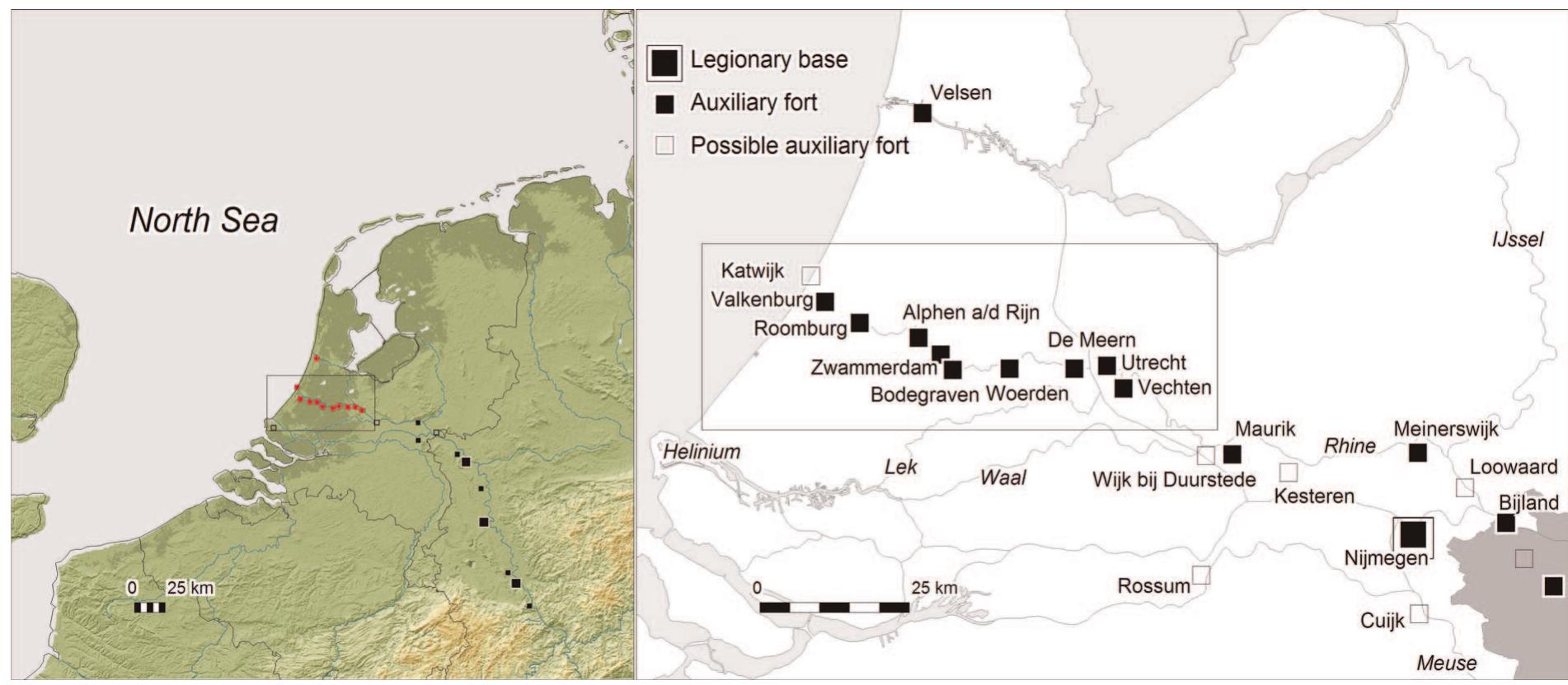 Figure 1 Research area in the Netherlands with Rhine delta forts projected on modern topography. Box indicates research area. (After Polak, 2009) 