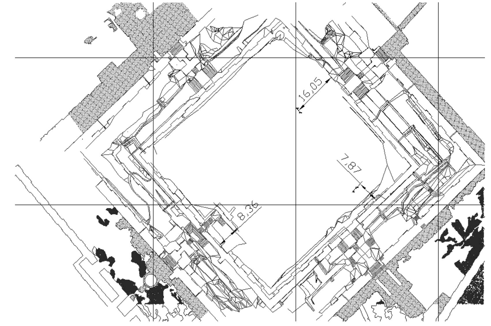 Fig. 2: The distances between the splits of the third and fourth terraces to the border of the second terrace  Tab. 1: The calculated measurements of the ziqqurrat terraces (after Mofidi-Nasrabadi 2013, Tab. 25). 