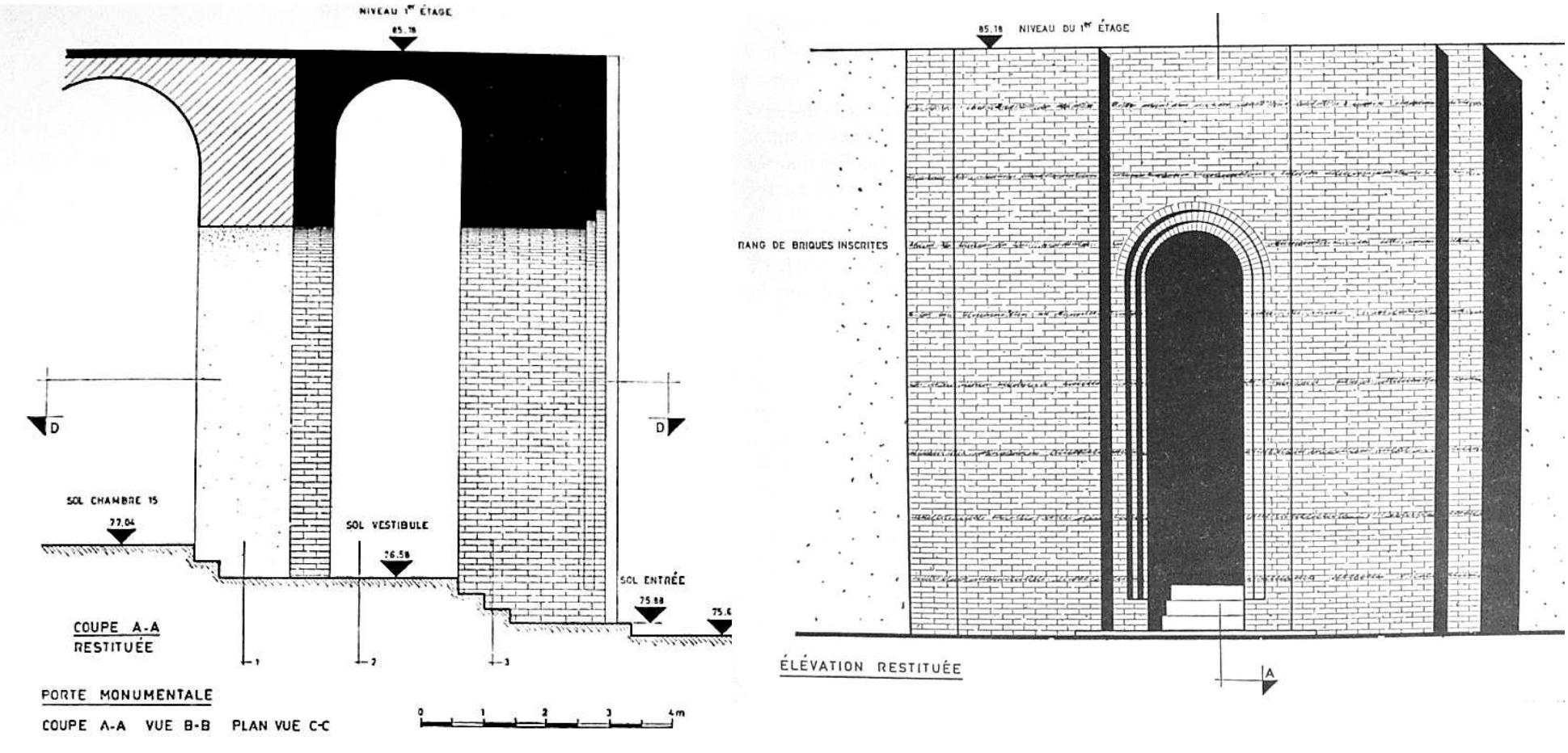 Fig. 4: Side view and facade of the entrance of the InsuSinak temple A in the first building stage  (85.18 — 74.33 = 10.85) that is contrary with his notice of 8 m altitude for it’”. 