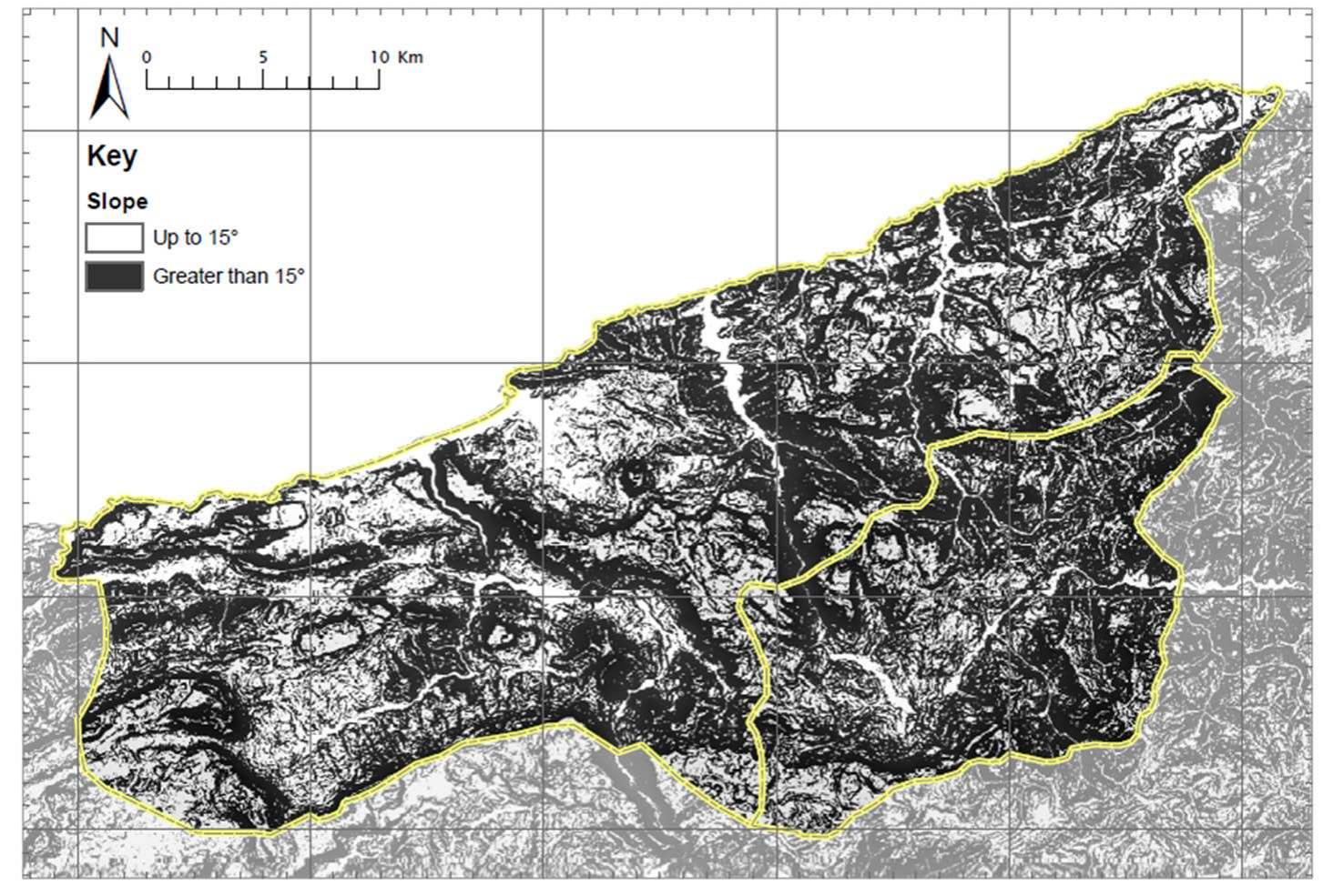 4: map showing areas above and below 15 degrees of slope.