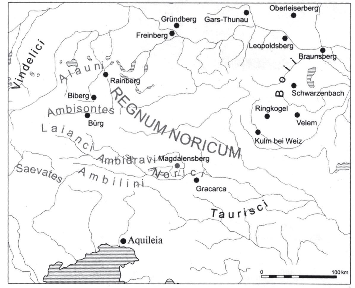 Fig. 3 - (Hypothetic) location of the Norican peoples. After Scherrer 2002, 41, Map 12.  -mperor, plausibly suggesting that the administrative status of the former king om had also been reorganized at the same time. The native Claudii are docu. nented in those parts of southern Noricum that were hitherto poorly Roman. zed, such as north of Zollfeld, in the upper Mur valley, and sporadically ever 1orth of the Alps. Those native inhabitants who were not awarded Roman citi enship or did not become cives possessing Latin rights (Latium minus) - anc hese were no doubt the majority - were organized in civitates peregrinae, o vhich nine are known by name: the Norici, Ambilini, Ambidravi, Uperaci, Sae rates, Laianci, Ambisontes, Elveti, Alauni. An interesting suggestion has beer ut forward that eight Norican peoples, mentioned as dedicators in the inscrip. ions erected at Virunum on Magdalensberg around 10/9 BC in honour of Au. ustus’ wife Livia, his daughter Iulia, and his granddaughter of the same name> vould approximately coincide with the territories of the five Claudian municip- a*’. These peoples would have been all those just mentioned except the Alauni  An attempt at locating the Norican peoples was made by Alféldy and sup: lemented by Peter Scherrer (Fig. 3)38, According to the latter. two civitate: 