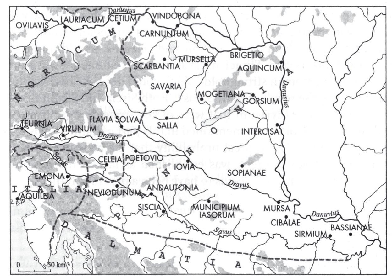 Fig. 4 —- Towns in Pannonia. From: Pannonia I, 2003, pp. 8-9.  TOU) AL 7, WHET Liber ius Cnacd the sreat FalnOlan- Vallala reveui1on al- ter four years of war. Whether or not the process would have been hastened by the loyalty of these communities to the partes Flavianae is open to conjecture.  The Flavian towns in Pannonia had all grown out of the settlements along the two main routes, the ancient Amber Route and the main road across II- lyricum, connecting the Apennine with the Balkan peninsulas”. The first led from the Baltic regions rich in amber across barbaricum to Carnuntum, Poet- ovio, and Celeia to Emona, where it merged with the other route that ran par- allel to the river route along the Danube, Sava, and Ljubljanica, and was linked to the legend of the Argonauts. From Emona the road led further to Italy through the geographically most convenient ‘gate’ between the two peninsulas (the Balkan and the Apennine) at Postojna. The Flavian towns along the so- called route of the Argonauts were Neviodunum, Andautonia, Siscia, Sirmium, their voting tribe having been Quirina. The first two were municipia, the oth- er two colonies (Fig. 4). It should be noted, however, that Andautonia was in- deed situated along the Sava River, but not on the same main road as Nevio- dunum and Siscia; rather, it was located along the road connecting Siscia with Poetovio”>. 