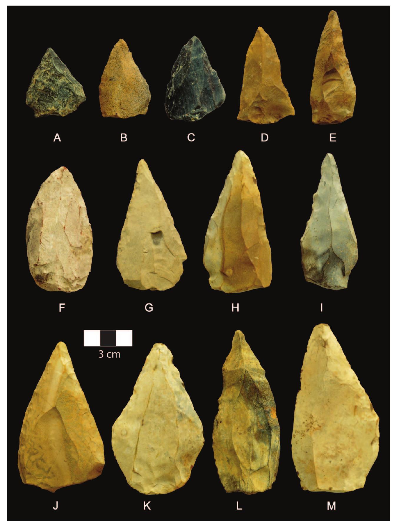 Fig. 1. (A to M) A sample of KP1 complete retouched points. All are banded ironstone except (A) and (C) (black chert). Additional points are presented in figs. S3 and $4.  Stratum 4a yields lithic artifacts that have been attributed to the Fauresmith Industry, based on the co-occurrence of blades, unifacial points, Levallois  The stratum 4a assemblage contains numer- ous unifacially retouched points (Fig. 1 and fig. 