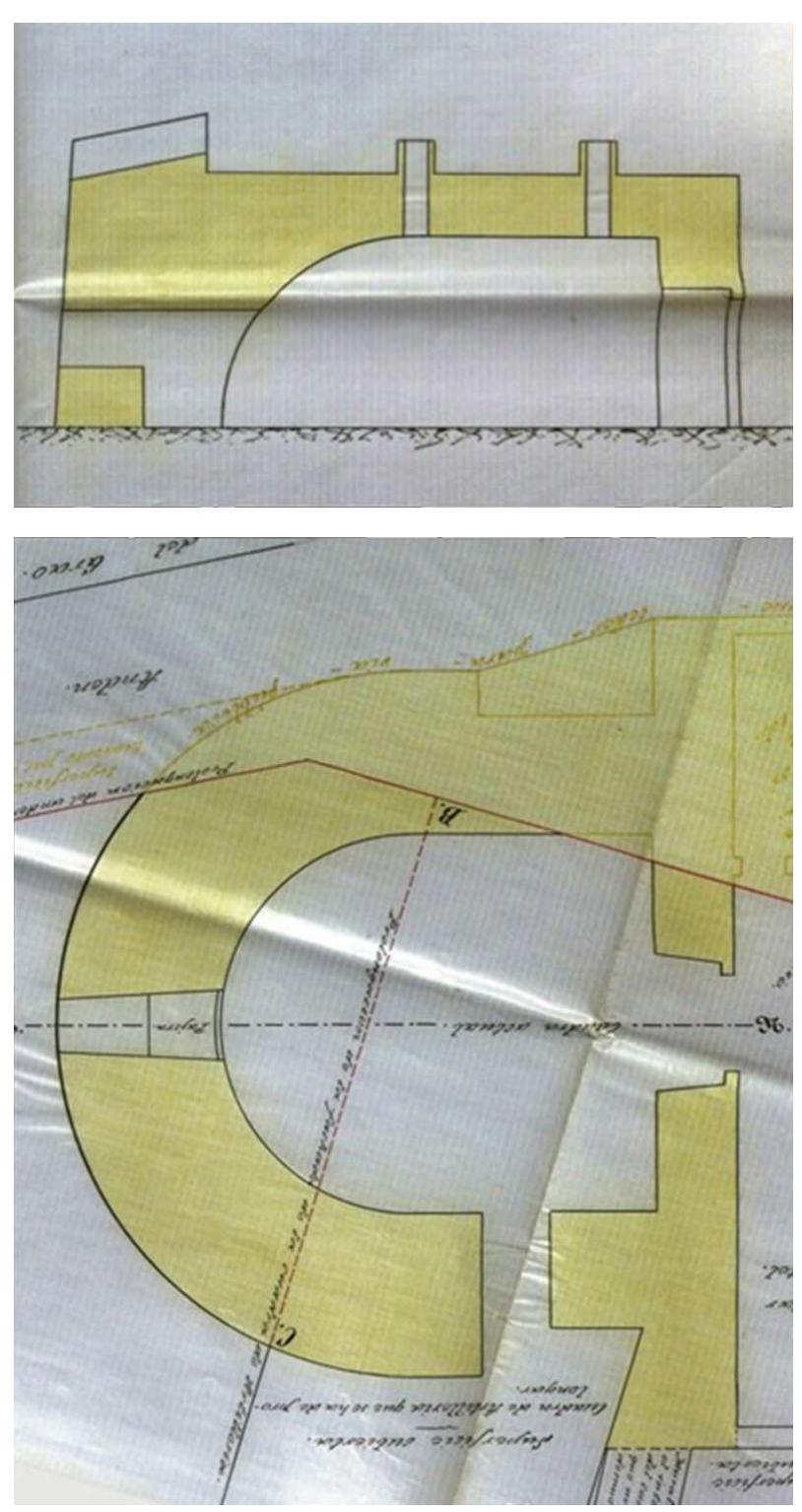 Figure 5 — The triangular space between the new can- vas of the wall and the old one  Figure 6 - Proyecto para demoler el torreén del cuar- tel de la Ciudadela. Long cut and ground floor. 1907. Francisco Lopez 