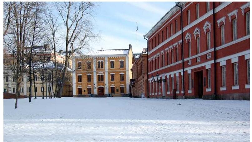 Figure 3— The medieval market square of Turku is no longer the heart of the city. Usually, the square is silent with only odd passer byes. In summertime, it is packed with people during the medieval markets organized since 1996. Another time when the market is attracting people is during tradition- al Christmas markets and on Christmas Eve when the official Declaration of Christmas Peace is announced from the balcony of the building on the right of the Old Town Hall.  (Copyright: The author) 