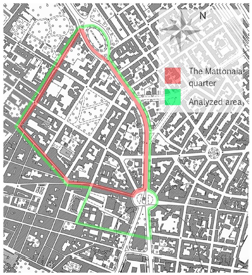 Figure 1— Map of Present Florence: in red we can see the Mattonaia quarter. 