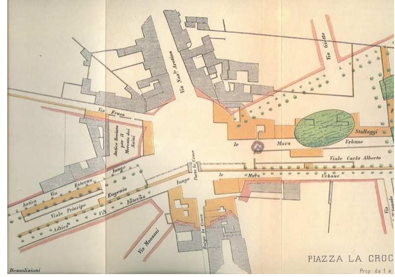 Figure 5: drawing by Giuseppe Poggi's collaborators, showing a superimposed between the state of the square before the intervention of Poggi and the state of the project , scale 1:2.500. In yellow we can see the demolished buildings, in red the new project, in grey the building not be demolished. (Copyright: Giuseppe Poggi, Sui lavori per l'ingrandimento di Firenze 1864- 1877. Florence, 1882). 