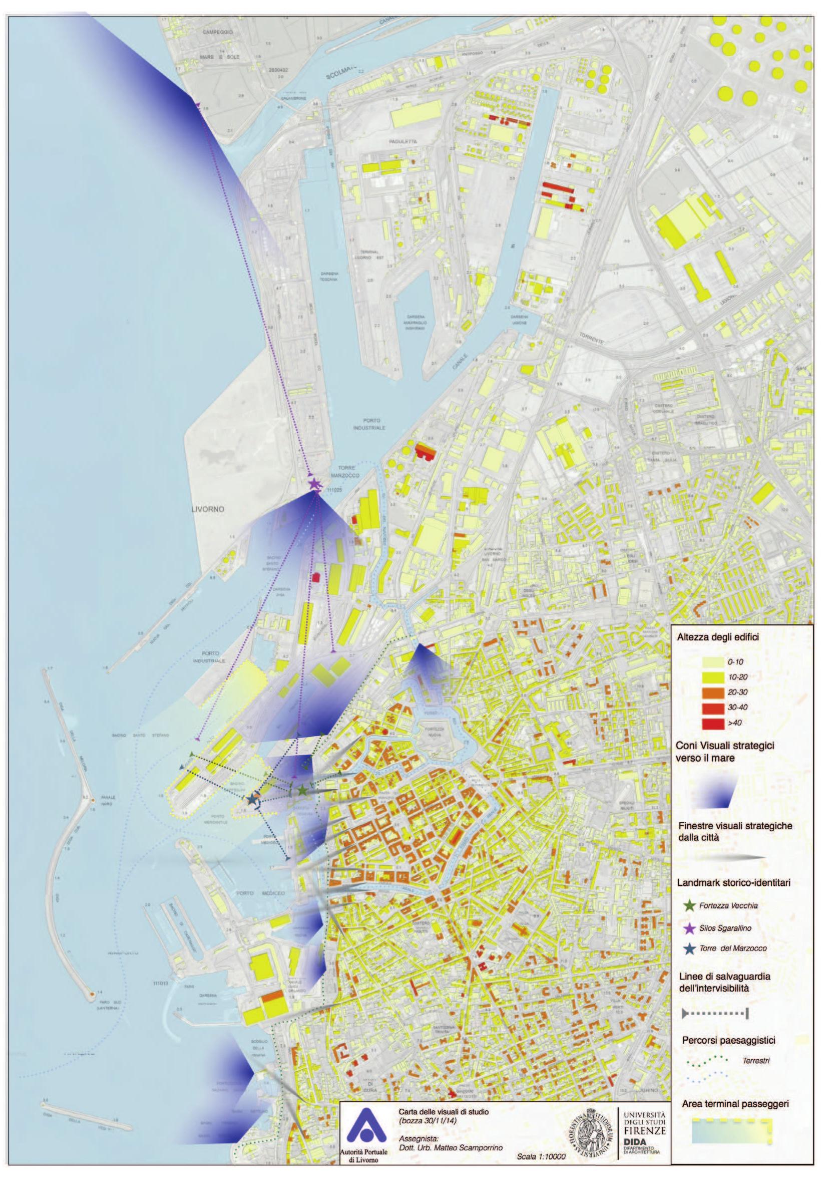 Figure 7 — Experimental application about Visual anc aesthetic control in planning. The Visuals Map. Ar shown and summarized all sensible visual cones where preserving the visibility of the sea or heritage element: (blue areas and dashed lines). Also reported are the “telescopes” visual from the city (gray).  especially from the dock, the Old Fortress is not visible because of a curtain of buildings functional terminal.  Using exact knowledge of visual obstruc- tions derived from simulation, together with 