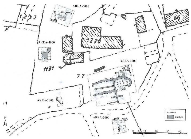Figure 2 — The urban asset around the Pionta Hillock, on the left, the new hospital complex.  Figure 3 — Main archaeological areas on the Pionta Hill- ock, with the later St. Stefano church and one of the old hospital pavillion. 