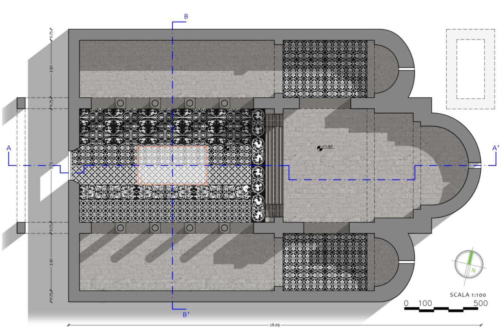 Figure 17 — Digital reconstruction of the St. Maria and Stefano church, with the floor mosaic brought back in plac and interpolated to complete their drawing (lacopo Giannini). 