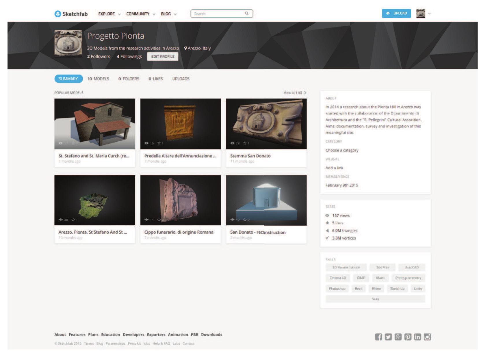 Figure 24 — The “Progetto Pionta” profile in the wwwsketchfab.com community. 