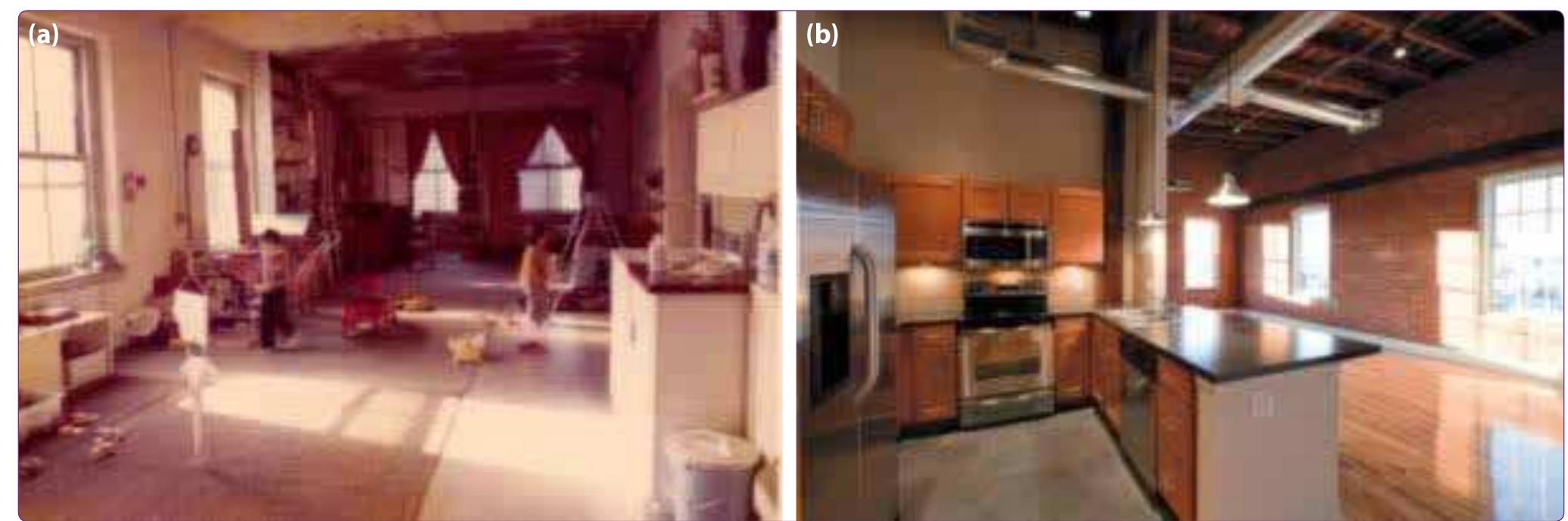 Figure 1. (a) A photograph from a Loft in the SoHo District in New York from 1970's rented for $125/month; (b) Lancaster-based Dro- garis Cos. developed the Swisher building, a $7.9 million renovation. (fa] The Soho Memory Project, http://sohomemory.com/tag/history-of-soho/page/3/ [b] Central Penn Business Journal, http://www.cpbj.com/article/201 10930/CPBJO1/1 10939969/Trendy-loft-dwellings-lift-downtown-economies) 