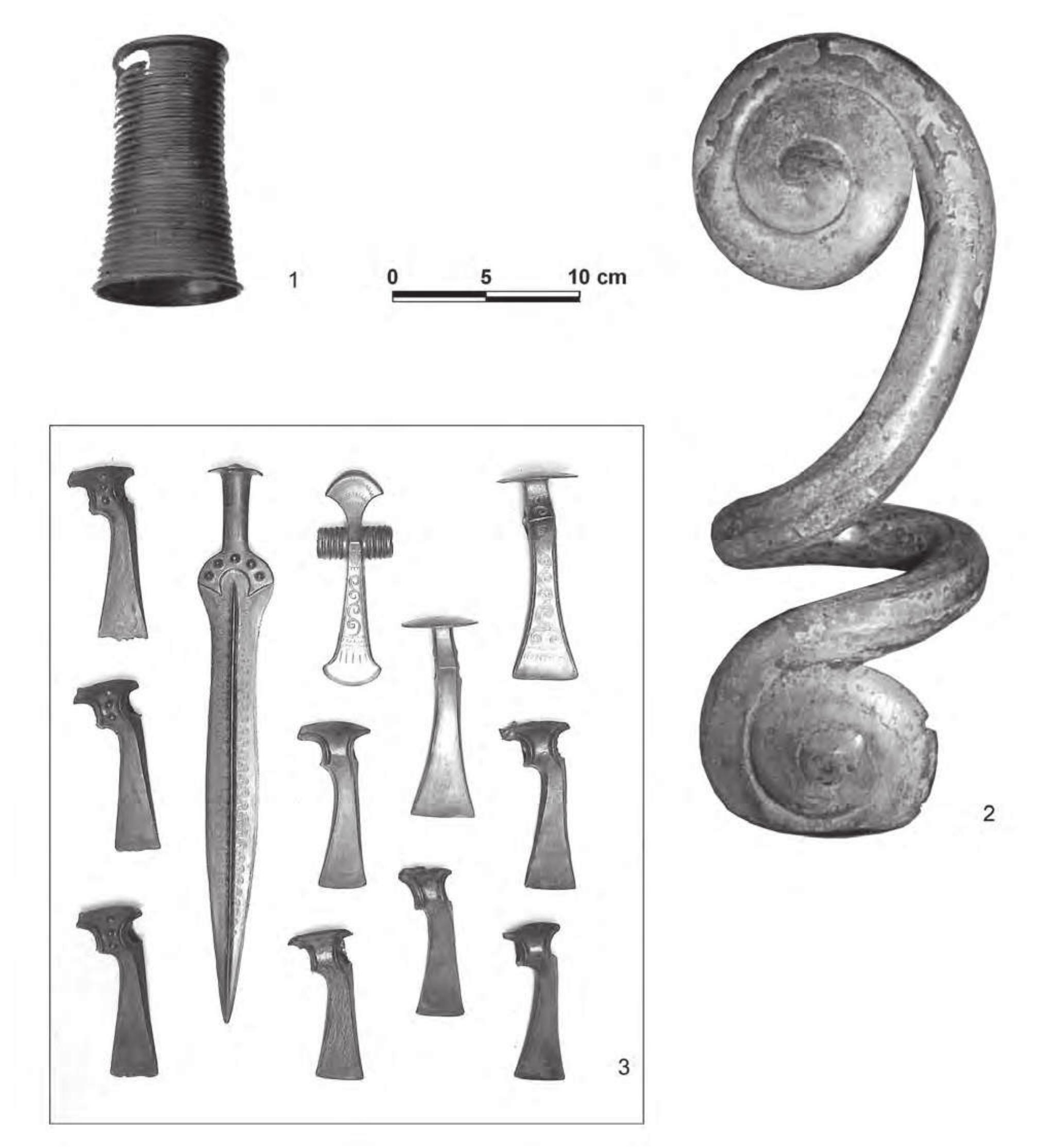 Figure 2: Bronze bracelet from Borsodgeszt (Mozsolics 1967, Taf. 1. 10); (2) bronze spiral from Abaujdevecser-Békas Lake (Hellebrandt 2011); (3) hoard from Hajdusamson (Bona 1992b, Abb. 22). 