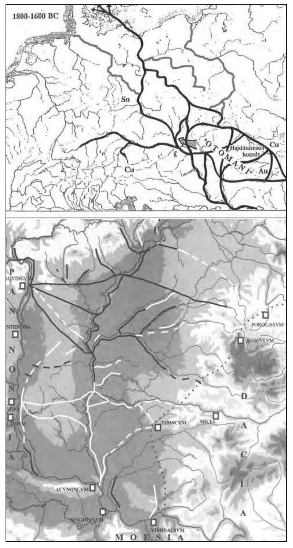 Figure 4: Trade routes in Central Europe (Sherratt 1993, with complements) and routes of the Sarmatian Barbaricum on the basis of terra sigillata (black line) and cloisonné brooches (white line; Vaday 2003). 