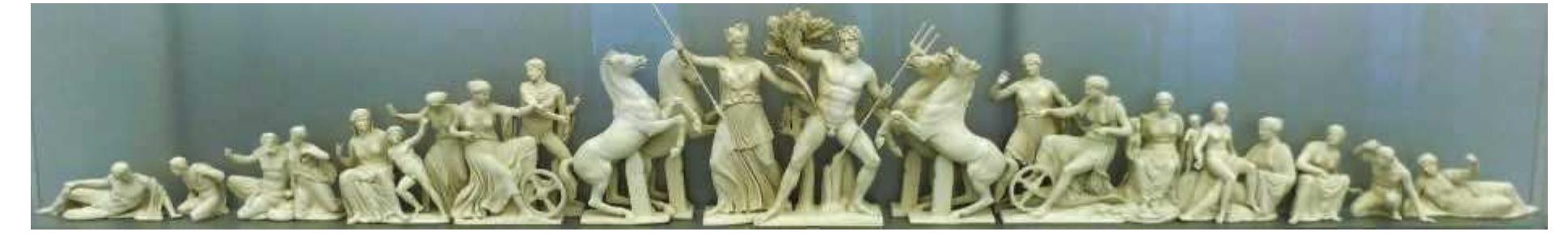 Reconstruction of the Parthenon west pediment, Acropolis museum, Athens. These are figures in a scene from when Athena and Poseidon competed for ownership of the city of Athens. Athena won because she gave the city the first olive tree. © UNIVERSAL HISTORY ARCHIVE/GETTY IMAGES. 