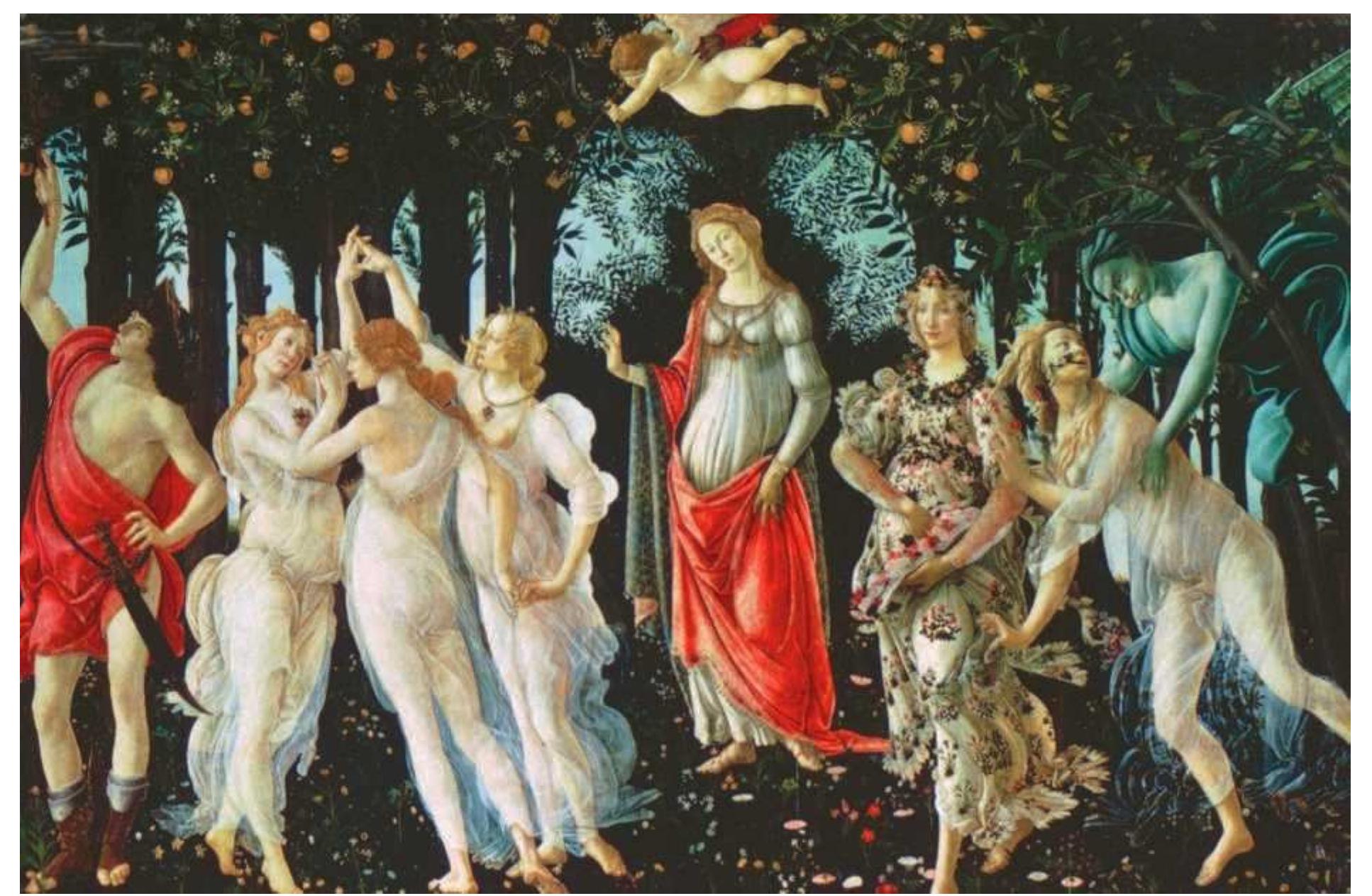 Allegory of Spring, painting by Botticelli, 1482. From the collection of the Galleria degli Uffizi, Florence, Italy. Botticelli depicts a circle of three beautiful goddesses into which Cupid, the god of love, is about to shoot an arrow. These goddesses,  or Graces, represent divine beauty sent by God into our world, eternally drawing the divine and humans closer together. © PRINT COLLECTOR/GETTY IMAGES. 
