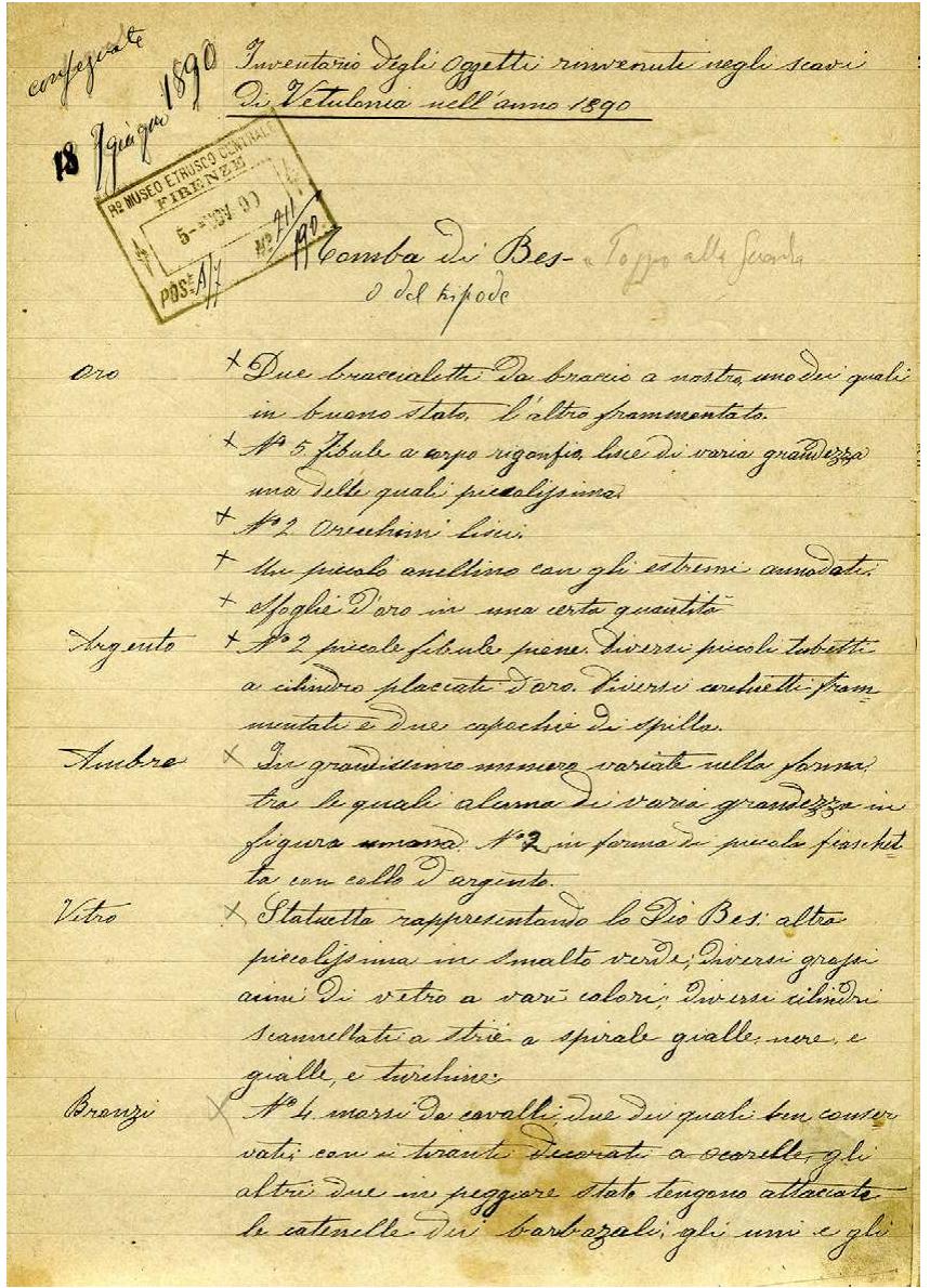 Fig. 2 List of the findings from the Circolo di Bes, Poggio alla Guardia 1890 (extract). Archivio Storico della Soprintendenza per i Beni Archeologici della Toscana (image: C. Colombi). 