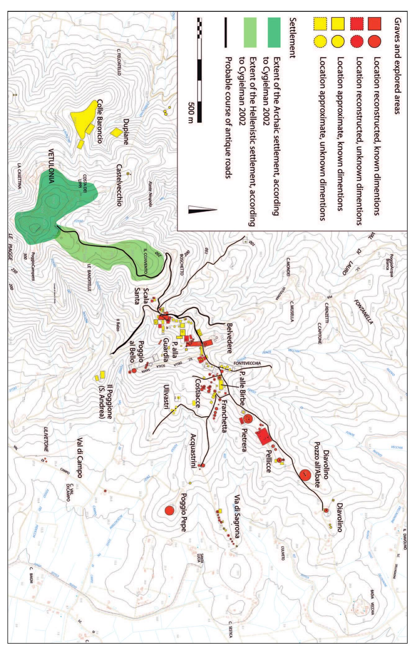 Fig. 4 Reconstructed topographical map of the necropolis of Vetulonia with indication of the explored areas. Map: Cartografia C.T.R. 1:10.000, Archivio Fotocartografico della Regione Toscana (elaboration: C. Colombi). 