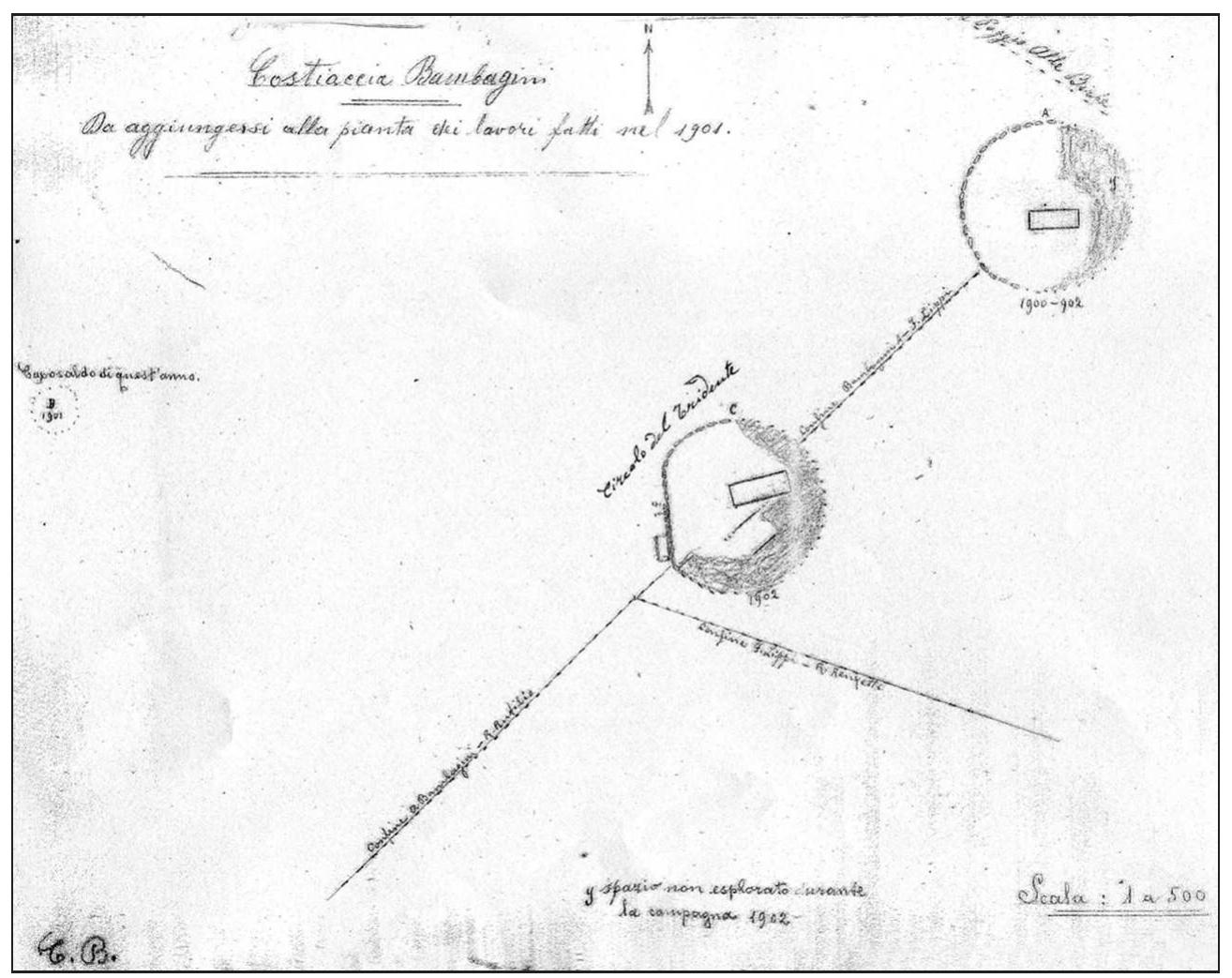 An important aspect that we could reconstruct through the original jour- nals and maps is the extention of the areas researched by Falchi (fig. 4). In fact, an archaeological map of Vetulonia already exists and was published by Doro Levi in Studi Etruschi 1931.” In his plan, however, the unpub- lished investigations of Falchi are not considered and some graves are 