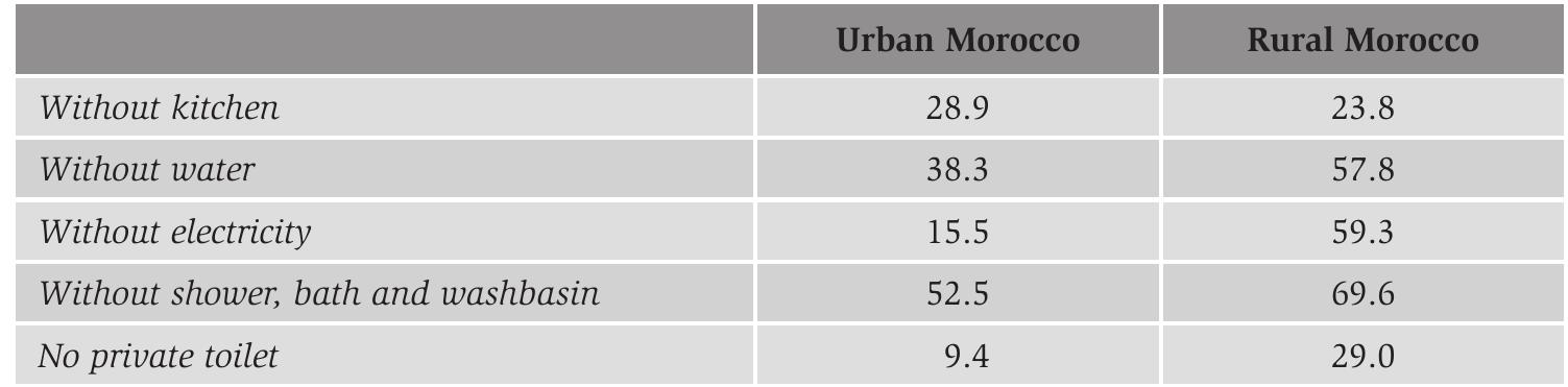 Table 4.3. Absence of basic facilities in Moroccan households, 1960 (%).  mortality rate declined faster in the urban environment, we get the idea that rural Morocco lagged even further behind and that the impetus to move from the countryside to a city would have grown at this time. 
