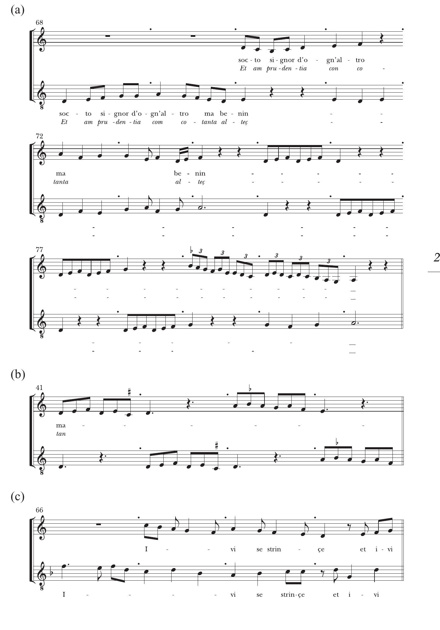 AMPLE 1. (a) Inperial sedendo (after Mod A), mm. 68-81, compared with selected portions from songs of Johannes Ciconia (b, c) 